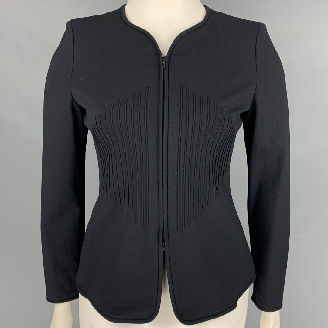 ARMANI COLLEZIONI Size 12 Black Collarless Lines Zip Up Jacket