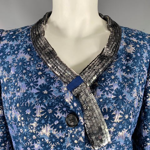 MARC JACOBS Size 6 Blue Silver Acetate Blend Floral Jacket