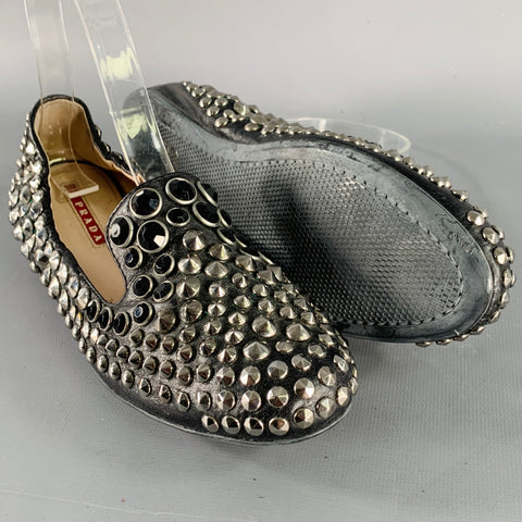 PRADA Size 7.5 Black Silver Leather Studded Slip On Loafers Flats