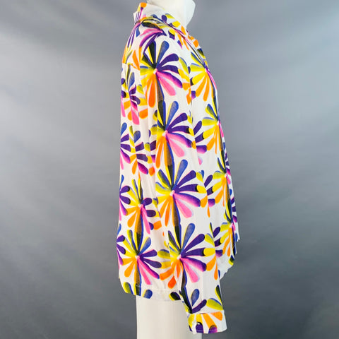 ERL Size M White Multi Color Abstract Floral Rayon One Pocket Long Sleeve Shirt