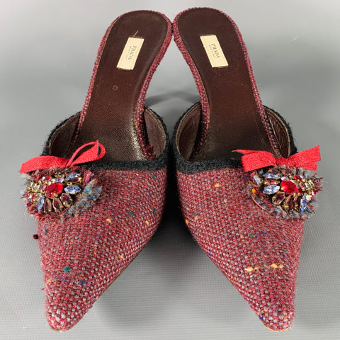PRADA Size 7.5 Purple Blue Fabric Bow Mules Pumps