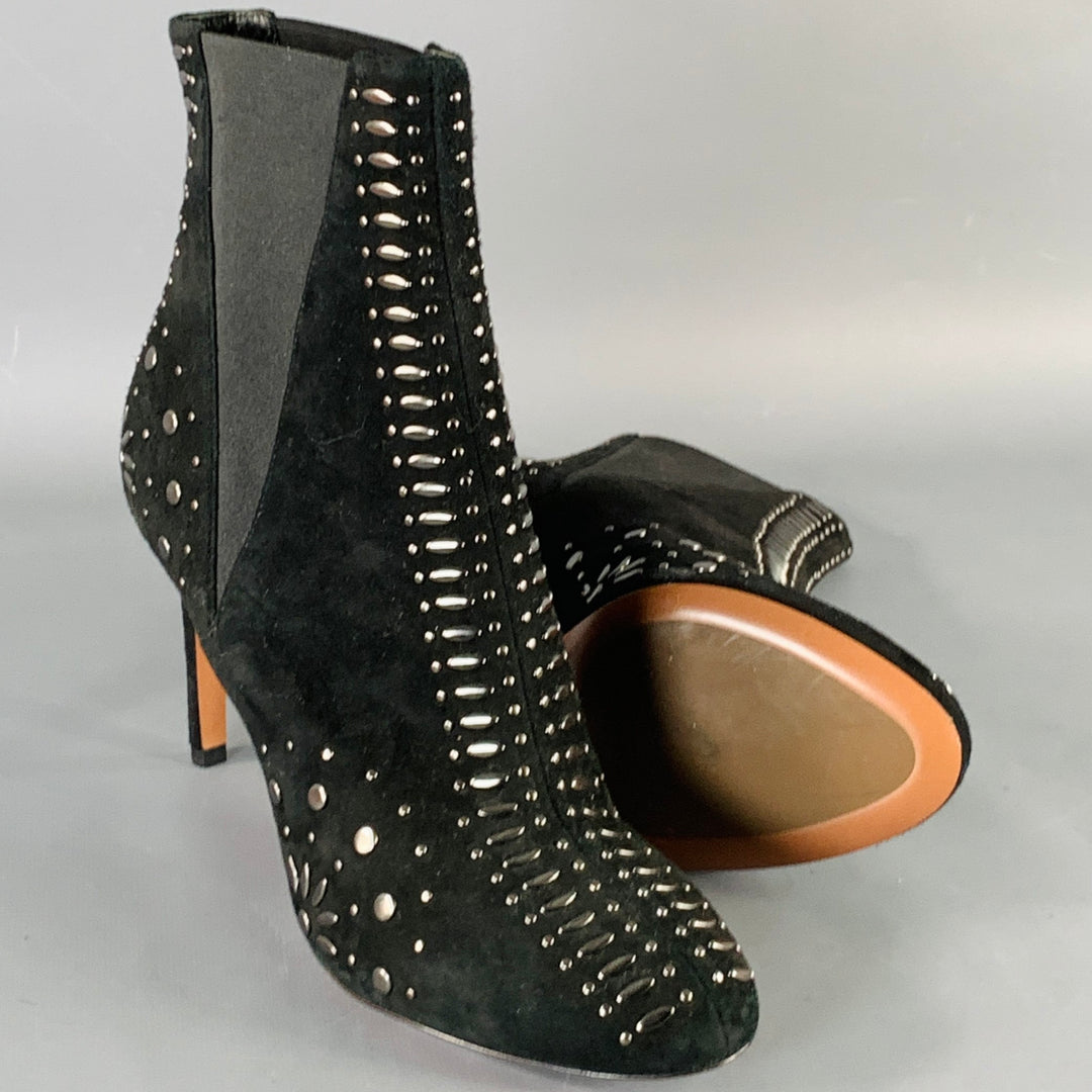 ALAIA Size 7.5 Black Studded Suede Pull On Stiletto Booties