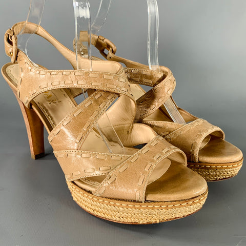 PRADA Size 11 Beige Taupe Leather Woven Espadrille Sandals