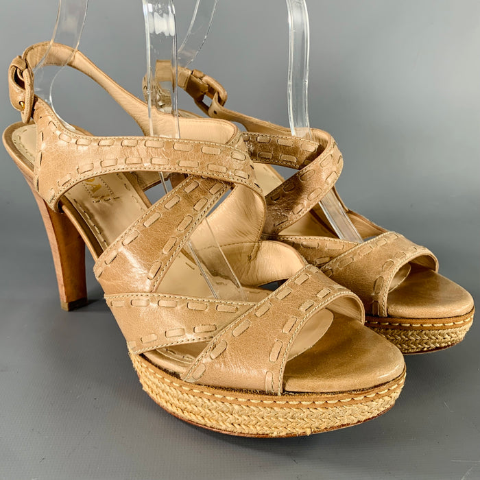 PRADA Size 11 Beige Taupe Leather Woven Espadrille Sandals