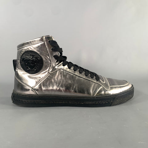 VERSACE Size 8 Silver Black Metallic Leather High Top Sneakers