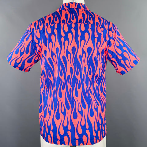 DOUBLE RAINBOUU Size S Orange Blue Flames Cotton One Pocket Short Sleeve Shirt