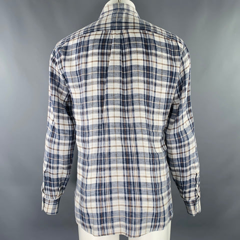 BRUNELLO CUCINELLI Size M Blue Brown Plaid Linen Button Down Long Sleeve Shirt