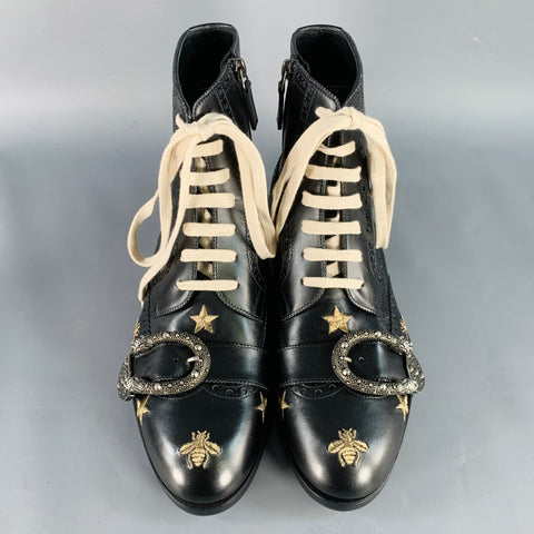 GUCCI Size 8.5 Dionysus Black Silver Gold Bee Stars Embroidery Buckle Boots