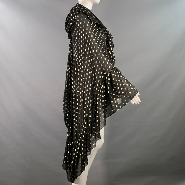 SAINT LAURENT 2018 Black Gold Dots Ruffled Metallic Chiffon Cape Dress Top