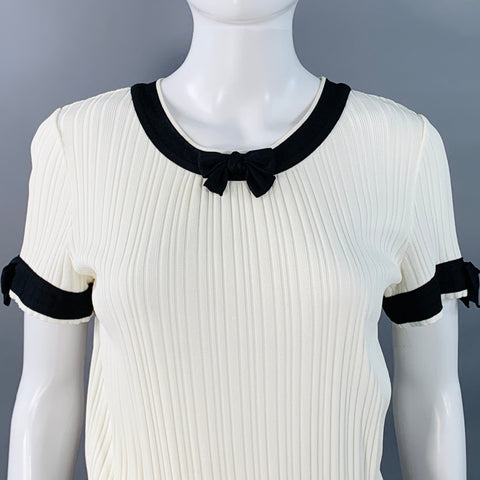 CHANEL Size 6 Cream Black Viscose Blend Ribbed Contrast Trim Drop Waist Bow Cocktail Dress