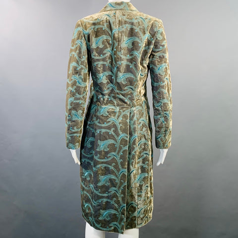 FAVOURBROOK Size 8 Blue Olive Velvet Jacquard Peak Lapel Coat