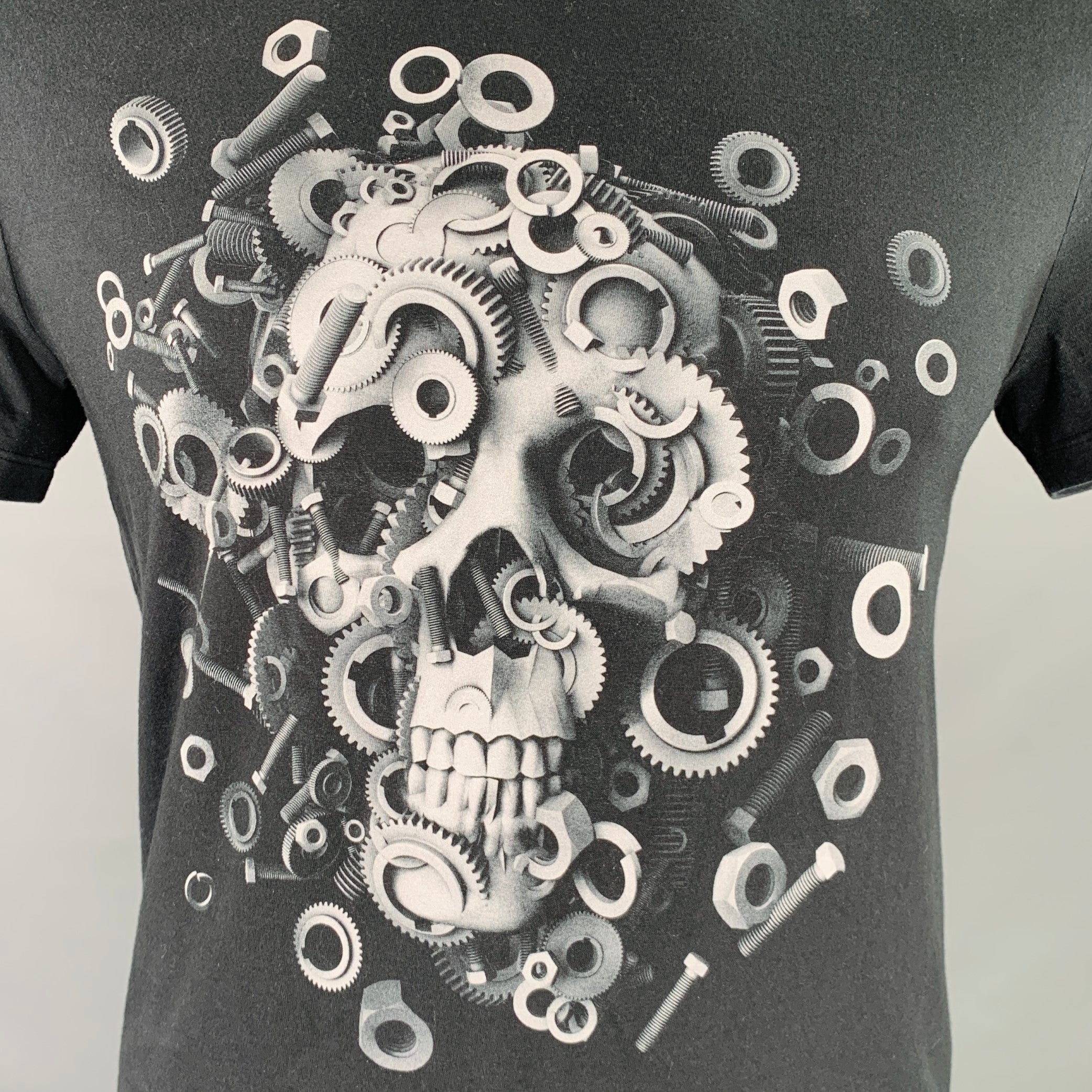 ALEXANDER MCQUEEN Size L Black Grey Skull Print Cotton Crew Neck T