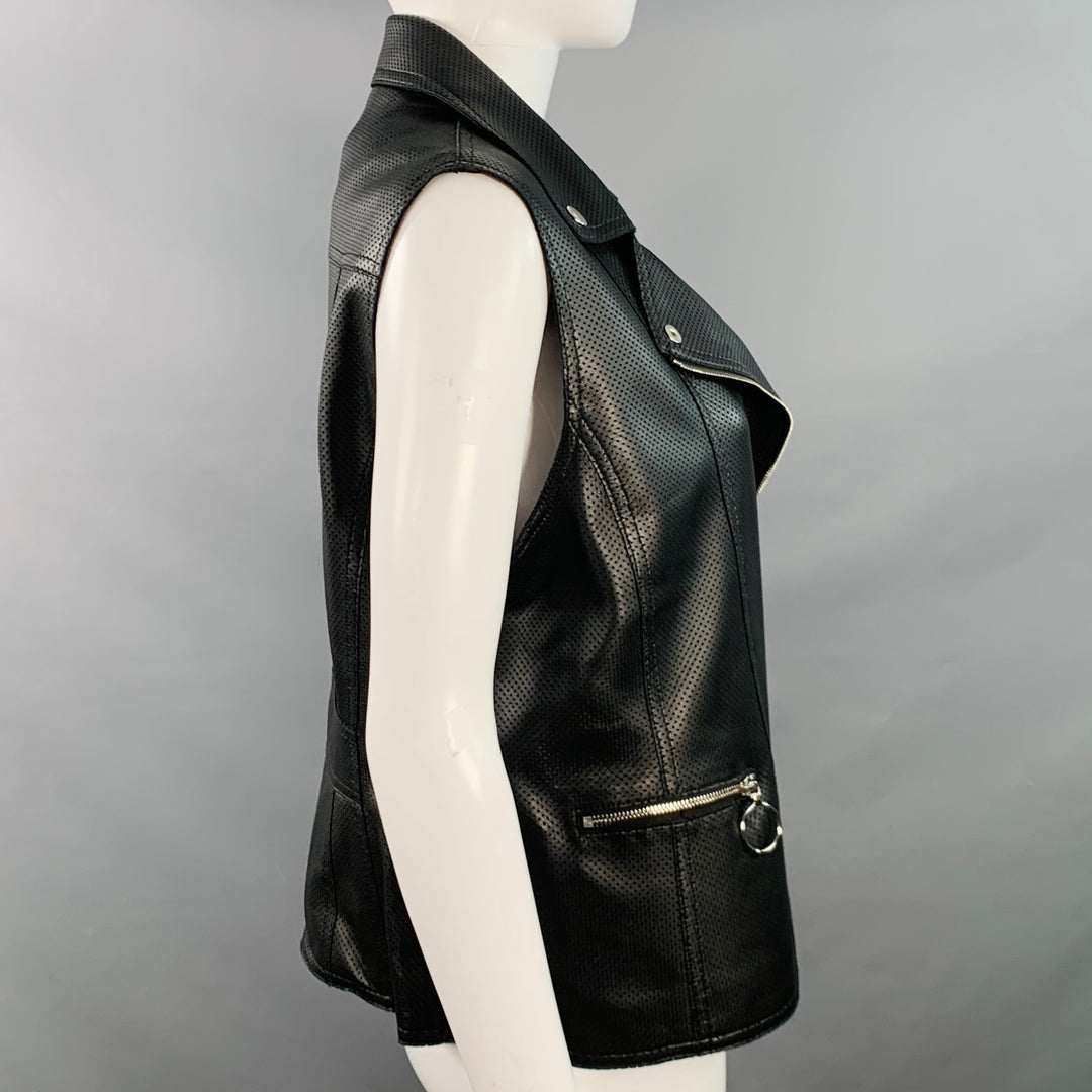 AKRIS Size 8 Black Perforated Lambskin Leather Zip Up Vest