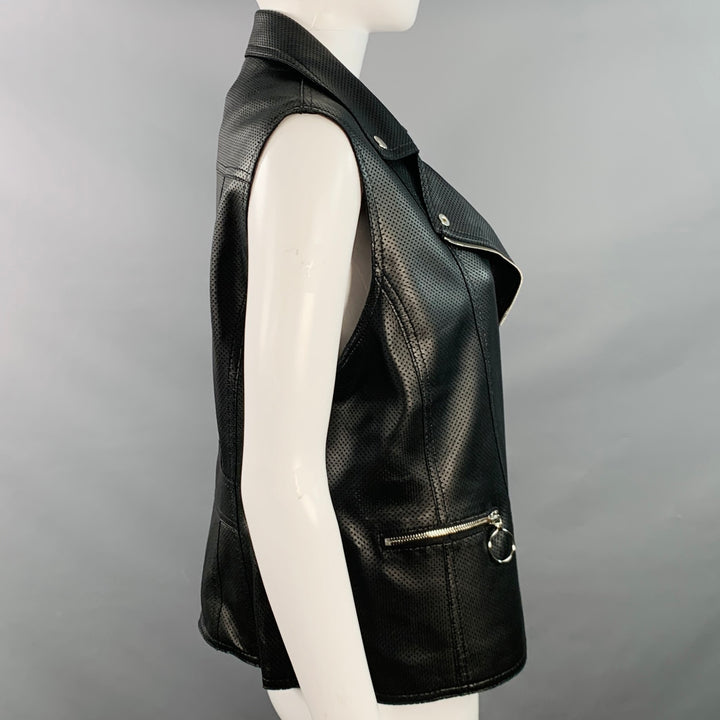 AKRIS Size 8 Black Perforated Lambskin Leather Zip Up Vest