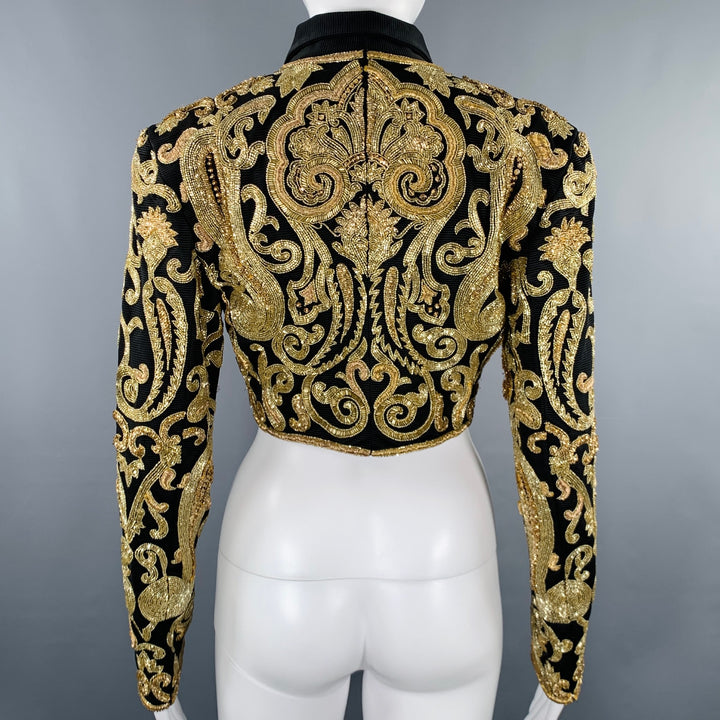GENNY Size 8 Black Gold Taffeta Embroidered Bolero Jacket
