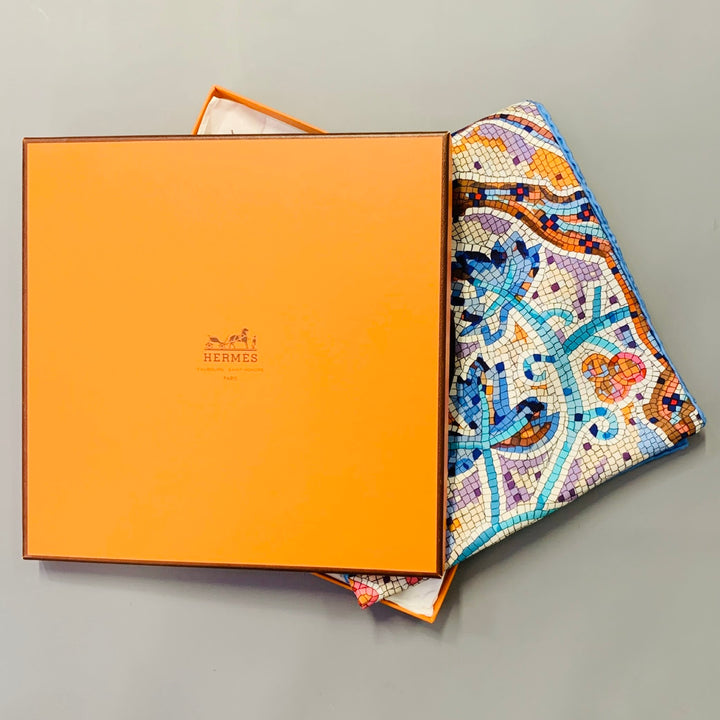 HERMES Pavement Blue Multi Color Mosaic Print Square Silk Scarf Shawl