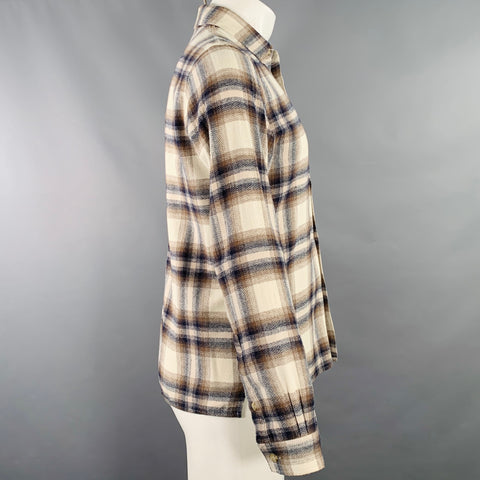 JOHN ELLIOTT Size S Beige Blue Brown Plaid Cotton One Pocket Long Sleeve Shirt