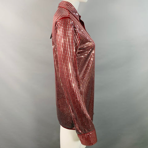BOTTEGA VENETA Fall 2019 Size S Burgundy Silver Satin Jersey Embellishment Shirt