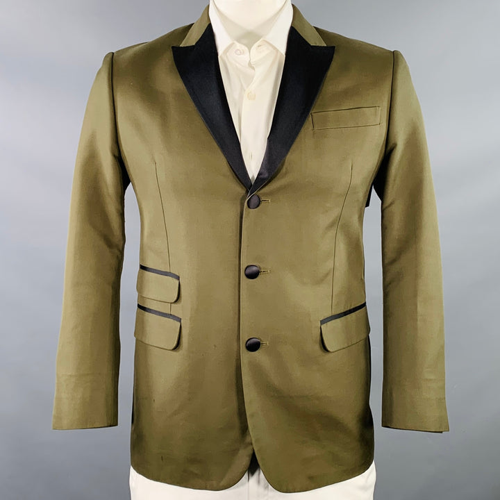 DSQUARED2 Size 42 Olive Green Black Cotton Blend Three Button Peak Lapel Sport Coat