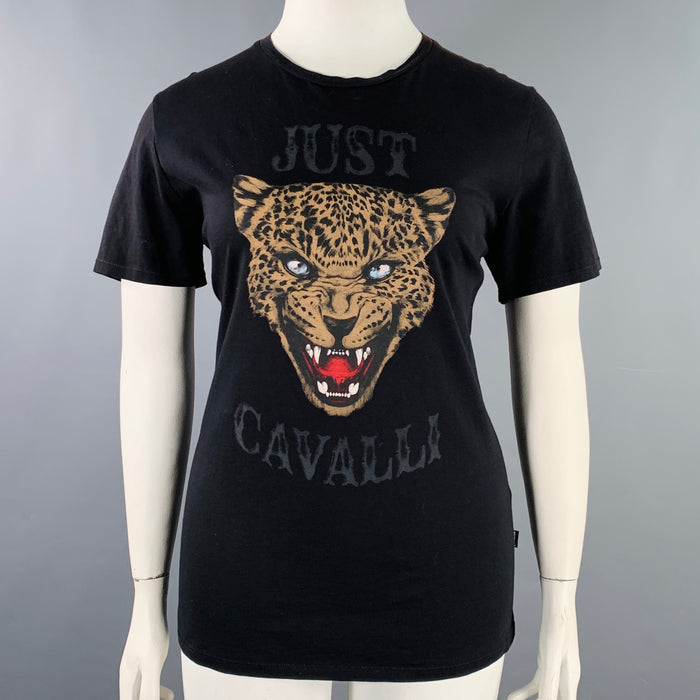 JUST CAVALLI Size L Black Brown Cotton Leopard Graphic Crew Neck T-Shirt