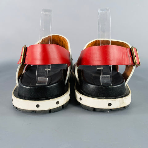 MARNI Size 10 Red Black White Color Block Leather Buckle Sandals
