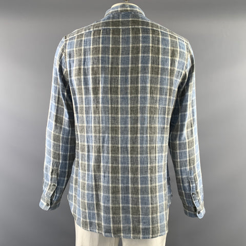 JOHN VARVATOS Size L Blue White & Black Plaid Pointed Collar Long Sleeve Shirt