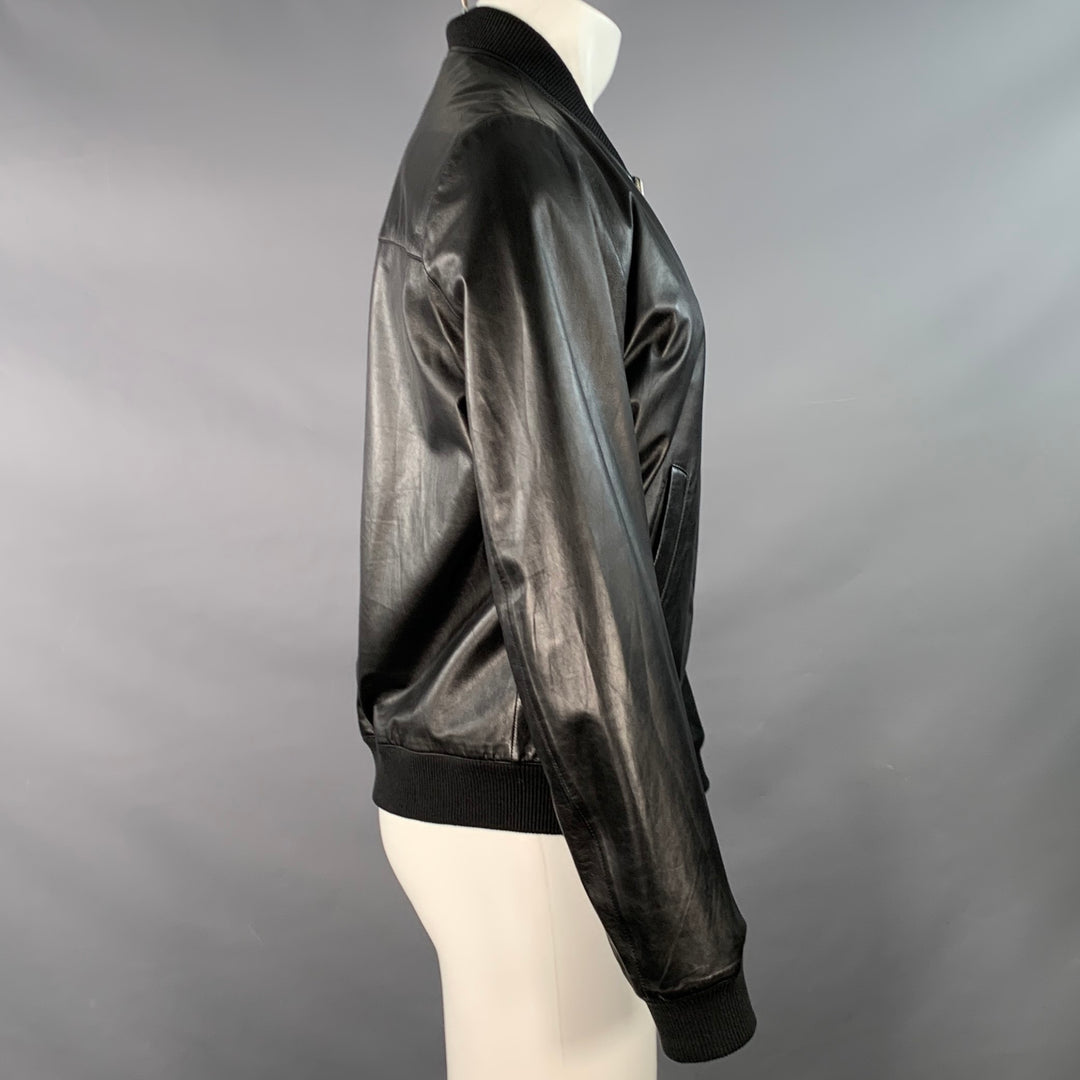 PRADA Size 38 Black Reversible Lambskin Leather Nylon Bomber Jacket