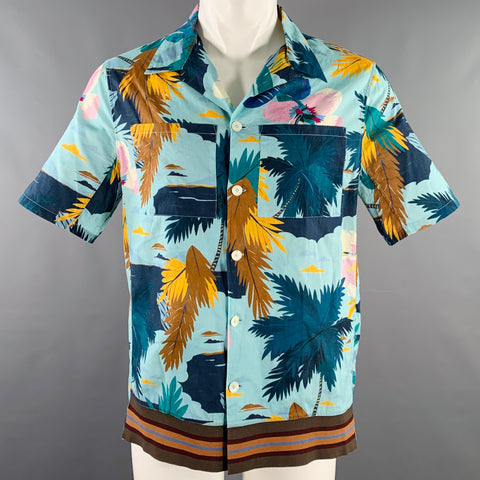 VALENTINO Size M Blue Multi Color Print Cotton Two Pockets Short Sleeve Shirt