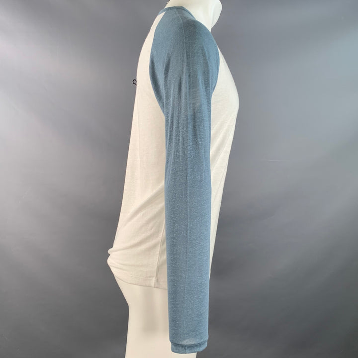 VINCE Size S White Blue Linen Crew Neck Baseball Tee Pullover