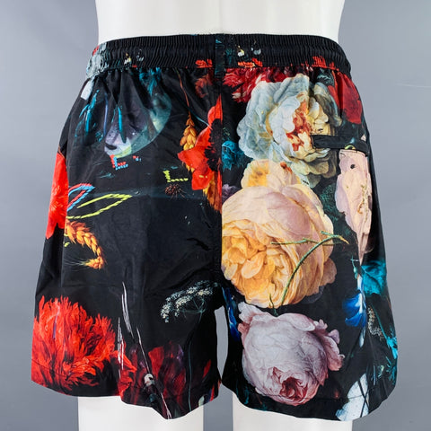 PAUL SMITH Size L Black Multi Color Floral Polyester Drawstring Swim Trunks