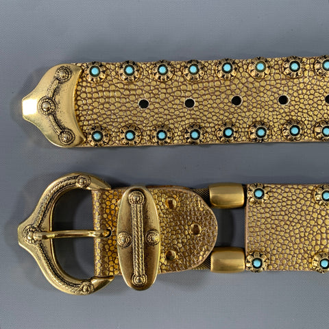 NANNI Waist Size 36 Gold Crackled Leather Trim Metallic Metal Belt