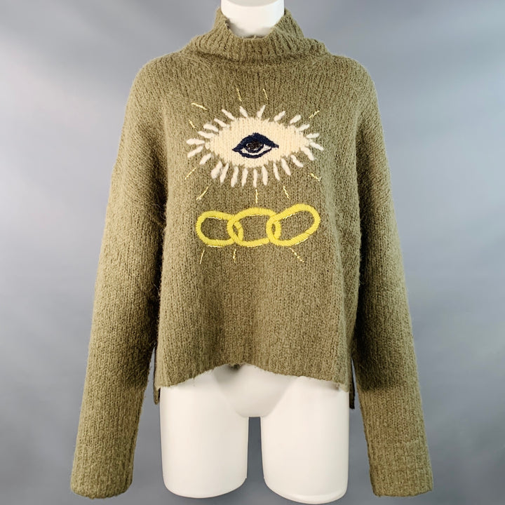 RAQUEL ALLEGRA Size 2 Green White Yellow Alpaca Blend Knit Eye Chain Sweater