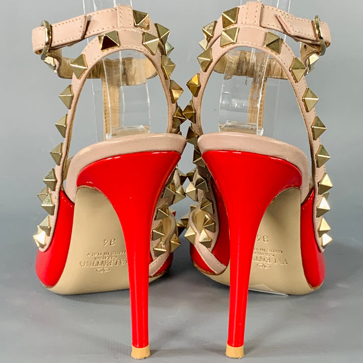 VALENTINO Size 4 Rockstud Red Nude Gold Studded T- Strap Pumps