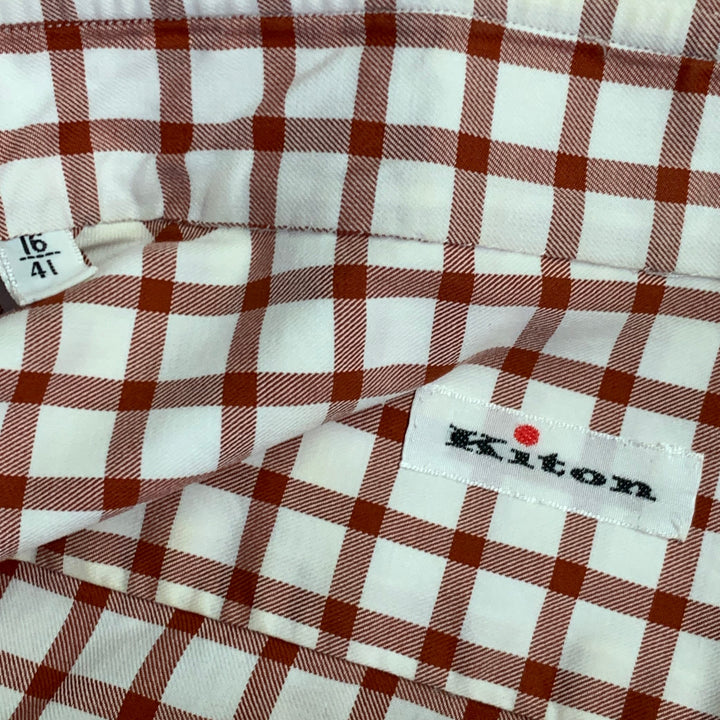 KITON Size M White Burgundy Checkered Cotton Curved Cutaway Long Sleeve Shirt