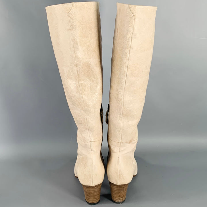 PANTANETTI Size 7.5 Beige Leather Stacked Heel Calf High Boots