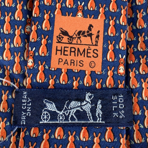 HERMES Navy Orange Rabbits Silk Tie