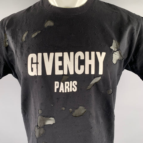 GIVENCHY Size XXS Black Logo Cotton Distressed T-shirt
