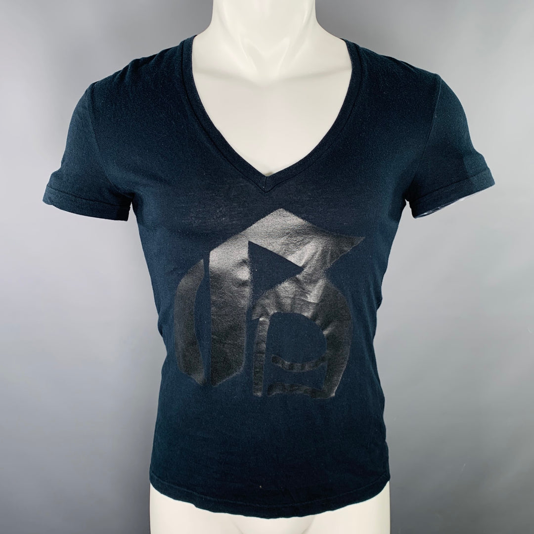 JOHN GALLIANO Size S Black Monogram Print Cotton V-Neck T-shirt