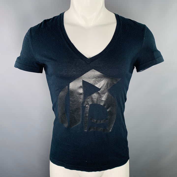 JOHN GALLIANO Size S Black Monogram Print Cotton V-Neck T-shirt