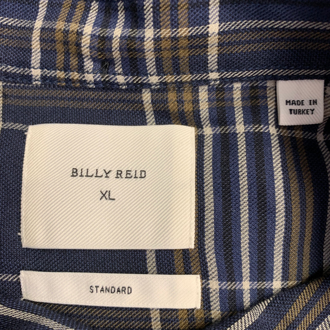 BILLY REID Size XL Navy Grey Plaid Cotton One Pocket Long Sleeve Shirt