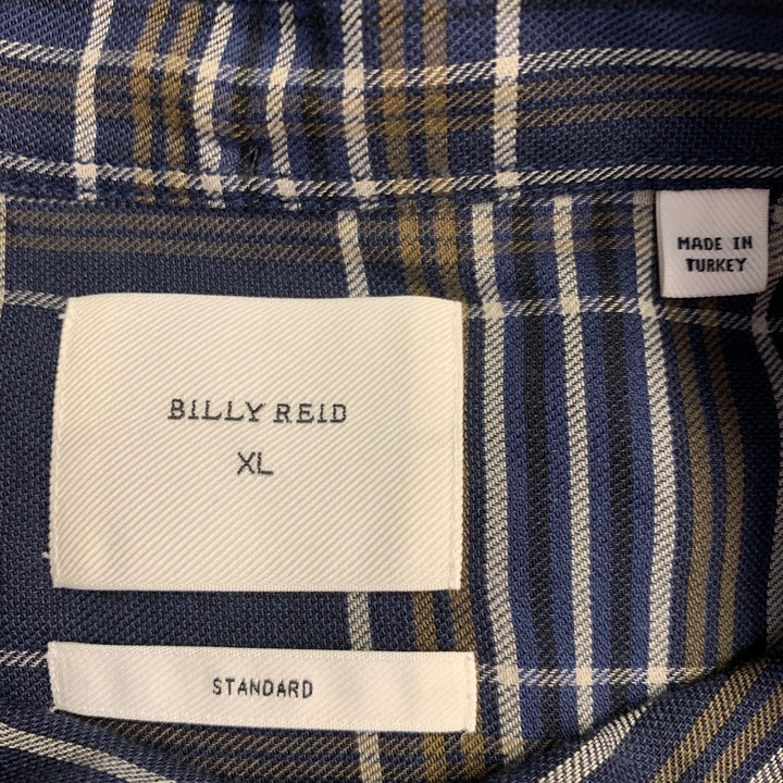 BILLY REID Size XL Navy Grey Plaid Cotton One Pocket Long Sleeve Shirt