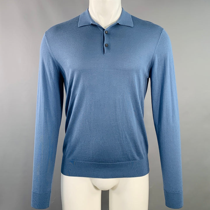 LANVIN Size M Blue Silk Jersey Long Sleeve Polo