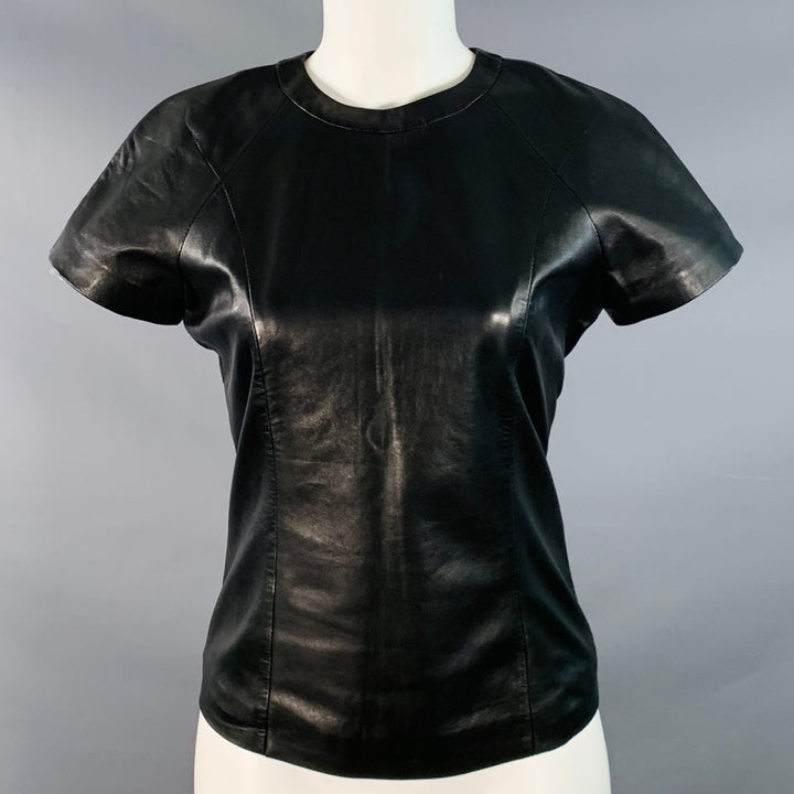 T by ALEXANDER WANG Size M Black Gold Lambskin Short Sleeve Back Zipper Casual Top