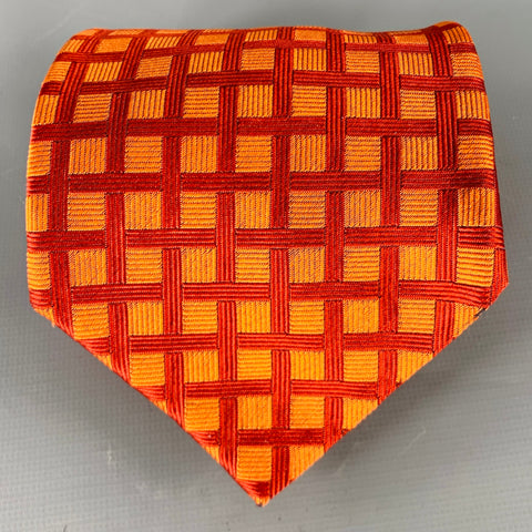BORRELLI Orange Red Checkered Silk Jacquard Tie
