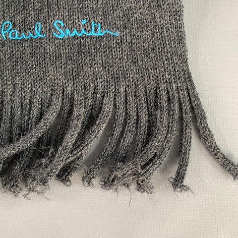 PAUL SMITH Grey Blue Embroidered Wool Knit Fringe Scarf