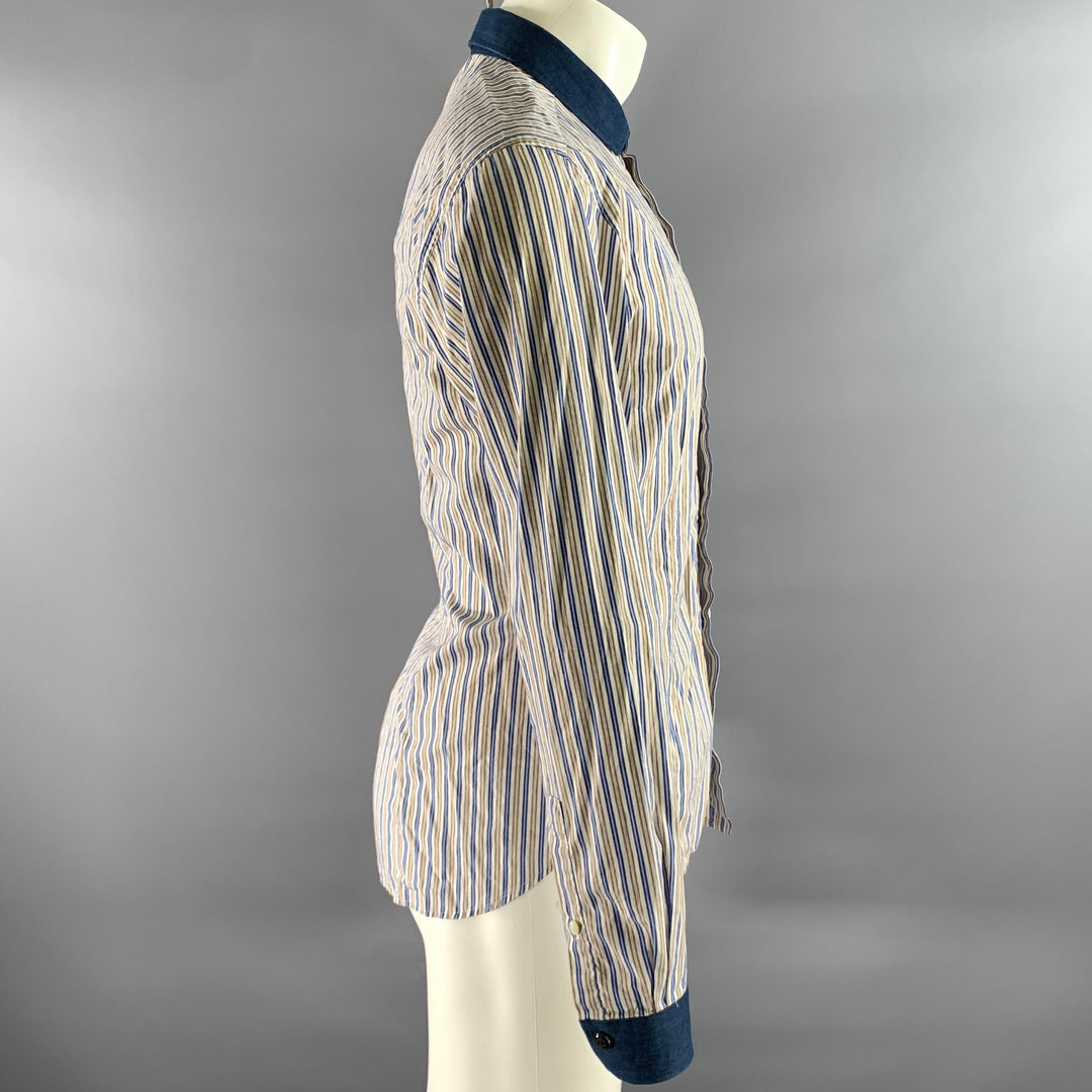 JUST CAVALLI Size M White Blue Brown Stripe Cotton Long Sleeve Shirt
