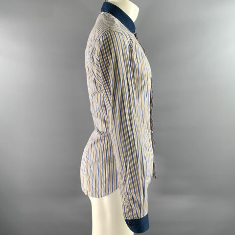 JUST CAVALLI Size M White Blue Brown Stripe Cotton Long Sleeve Shirt