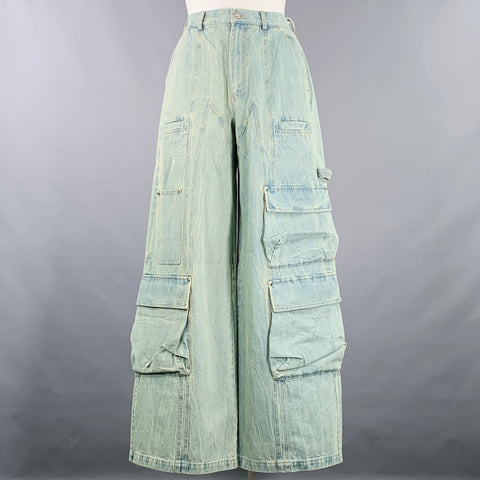 PRIVATE POLICY Size L Giant Cargo Blue Denim Acid Wash Baggy Casual Pants