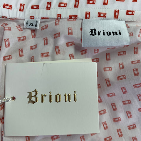 BRIONI Size XL White Red VHS Tape Cotton Long Sleeve Shirt