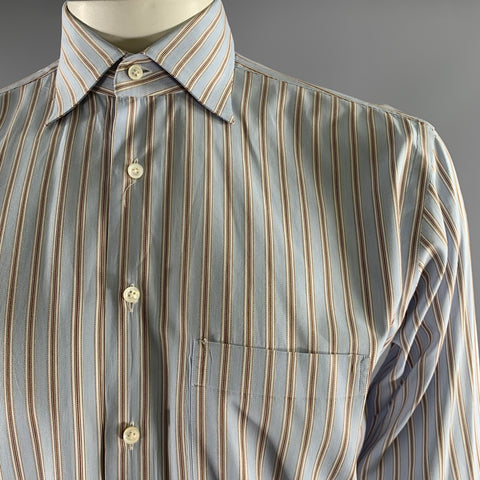 FINAMORE Size XL Blue White Brown Stripe Cotton Long Sleeve Shirt